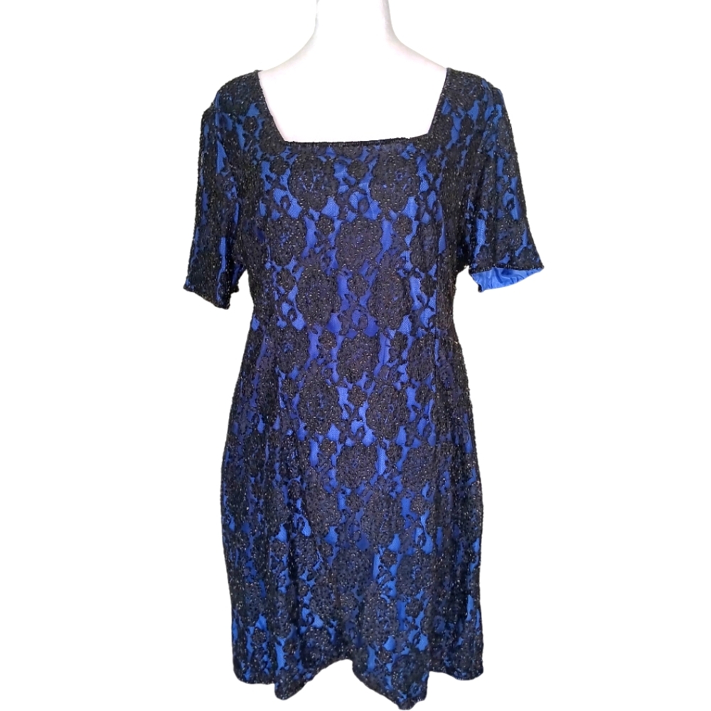 Brilliante by J.A. Dress Size XL Blue and Black Beaded Overlay‎ Square Neckline